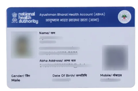 ABHA Health Card PVC card front preview with personal details redacted