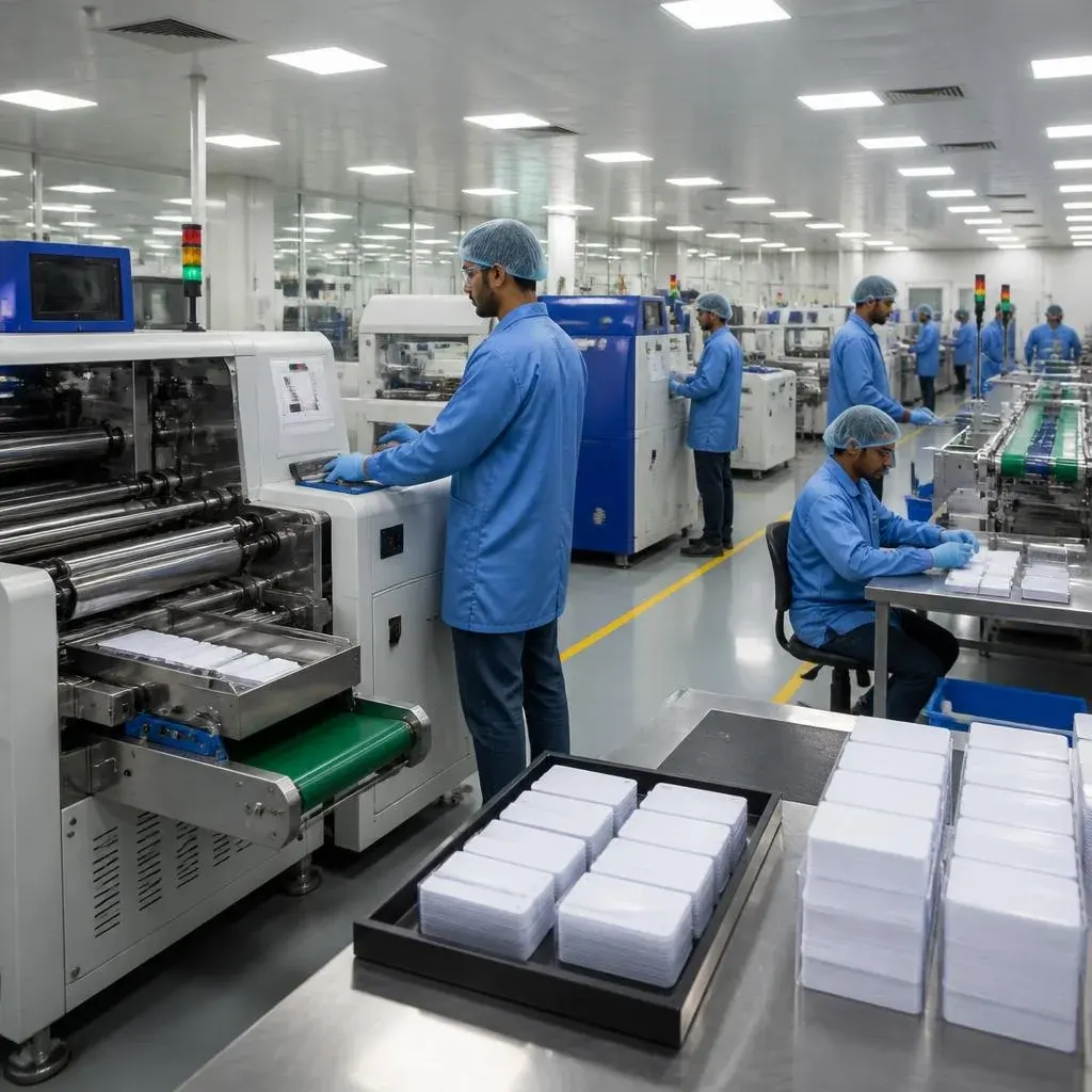 PVC card manufacturing factory in India with workers operating card production machines